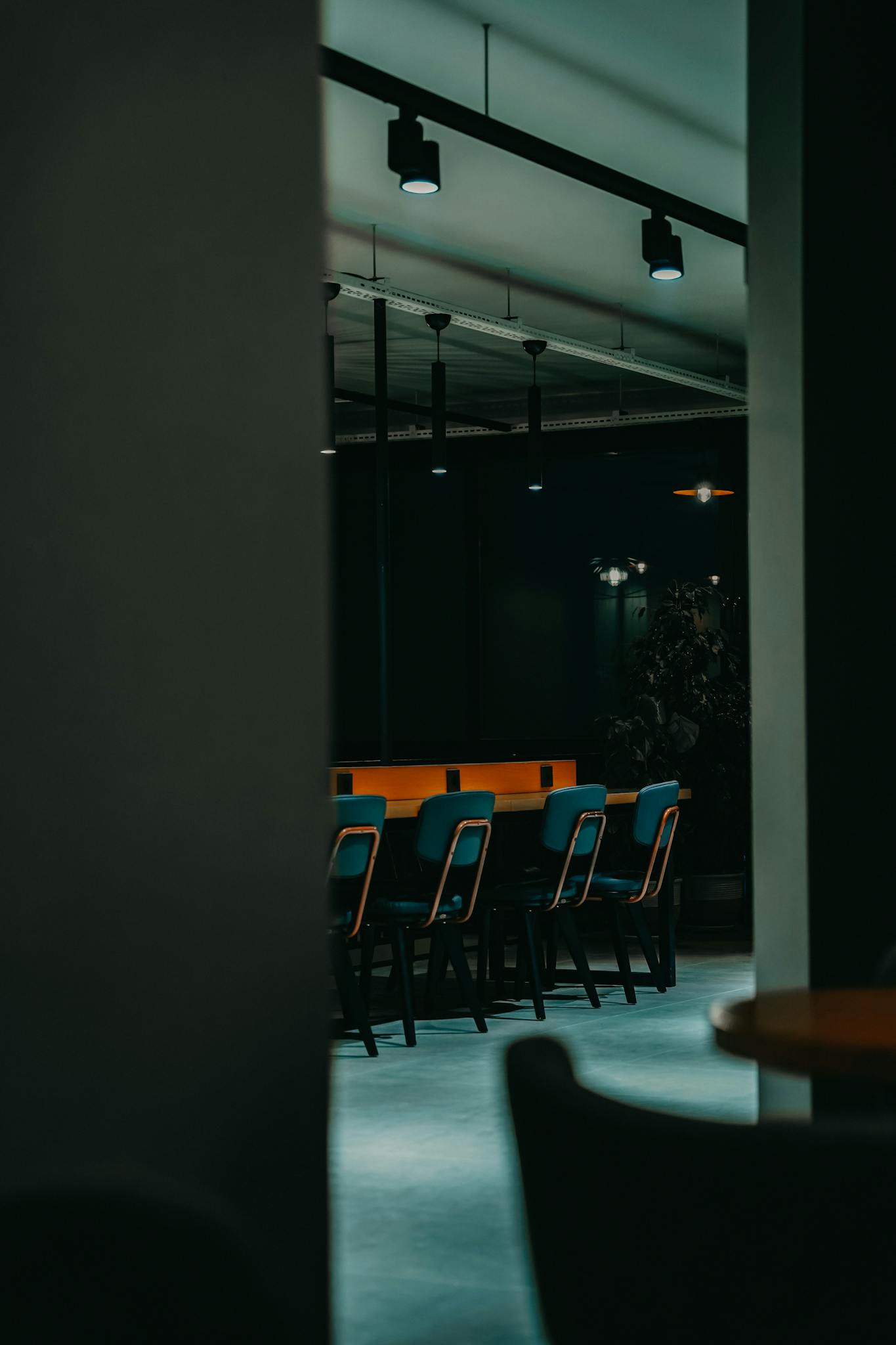 A contemporary dining area with stylish chairs under dim lighting, creating a cozy ambiance.